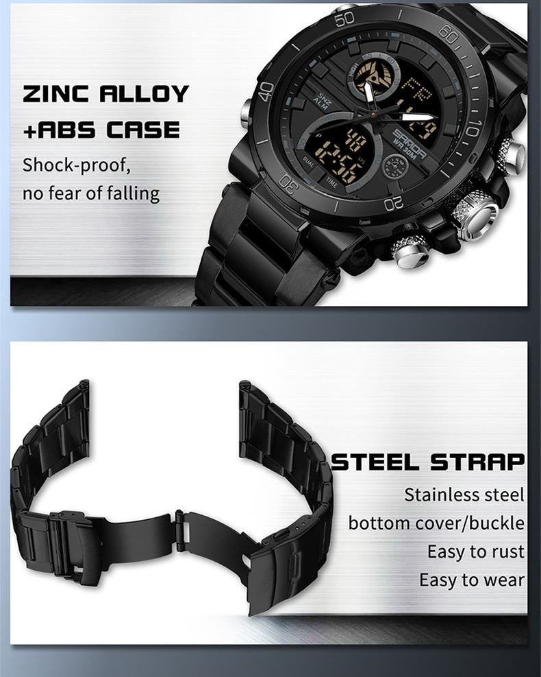 Sanda foreign trade best selling electronic watch fashion business steel band luminous wrist watch multi-functional dual display men's watch wholesale
