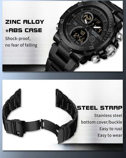 Sanda foreign trade best selling electronic watch fashion business steel band luminous wrist watch multi-functional dual display men's watch wholesale