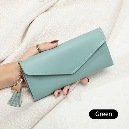 Korean Style Simple Three-fold Women's Long Wallet Fashionable Tassel Pendant Clutch Small Group Portable Multi-functional Coin Purse