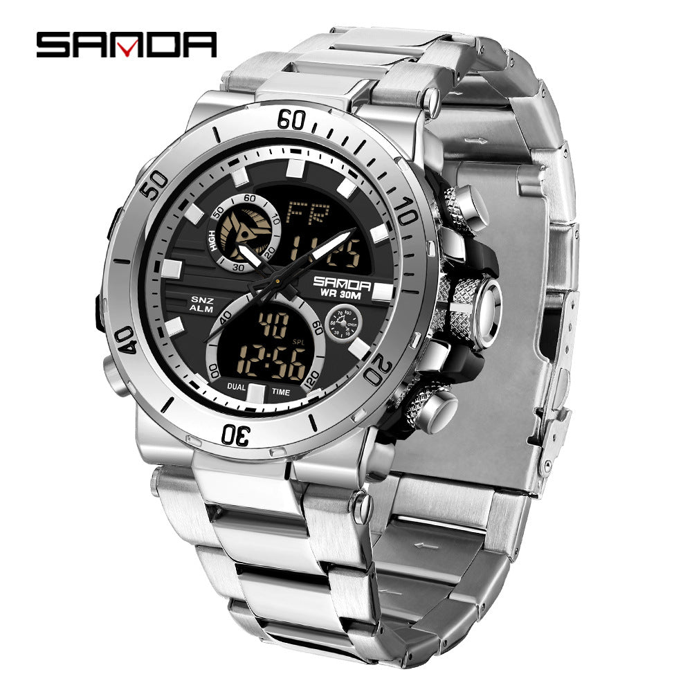 Sanda foreign trade best selling electronic watch fashion business steel band luminous wrist watch multi-functional dual display men's watch wholesale