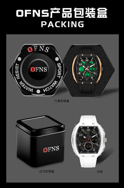 Ofns Fashion Watch Sports Waterproof Watch Barrel-Shaped Multi-Function Luminous Dual-Time Student Digital Watch
