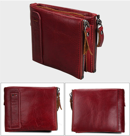Crazy Horse Cowhide Men's Wallet RFID Anti-theft Brush Cowhide Short Men's Ticket Clip Wallet Double Zipper Coin Purse