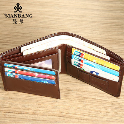 Cross-Border Dropshipping Manbang Men's Wallet Horizontal First-Layer Cowhide Wallet Classic Short 70% off Rifd Anti-Theft Brush