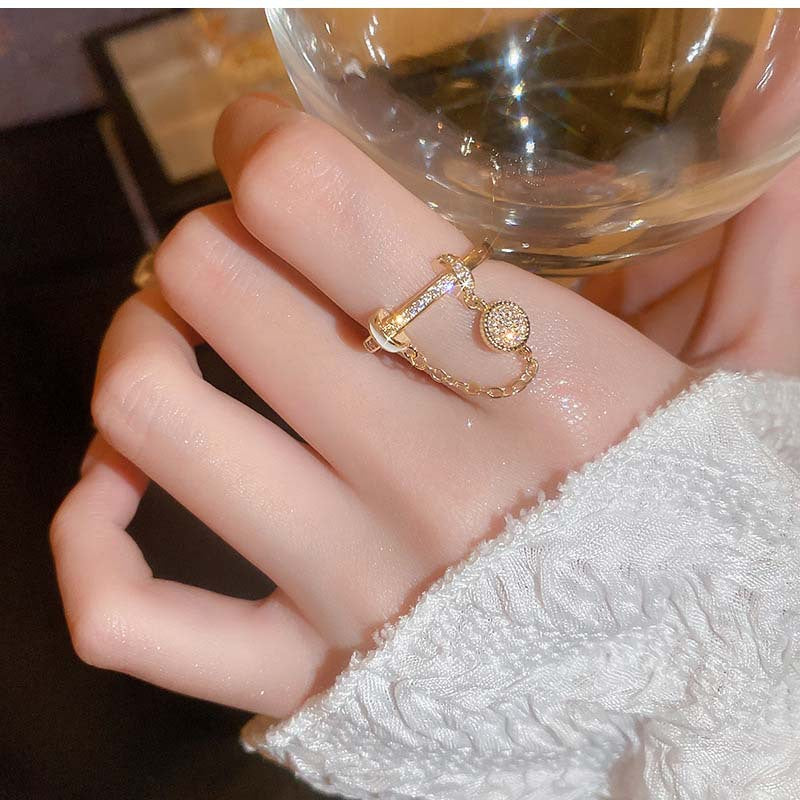 Zircon Diamond Round Chain Tassel Real Gold-plated Ring Niche Light Luxury High-end All-match Open Finger Ring