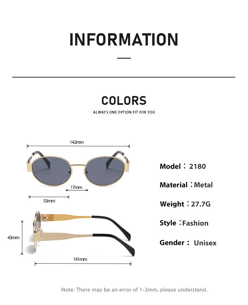 New Metal Oval Sunscreen Sunglasses Cross-Mirror European and American Ins Xiaohongshu Same Style Sunglasses Amazon Hot Selling