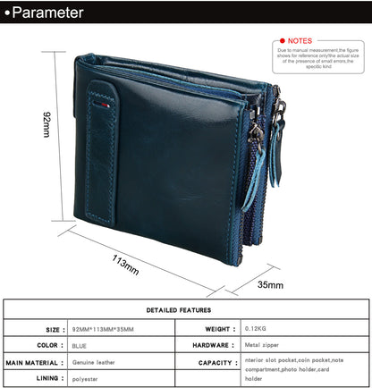 Crazy Horse Cowhide Men's Wallet RFID Anti-theft Brush Cowhide Short Men's Ticket Clip Wallet Double Zipper Coin Purse