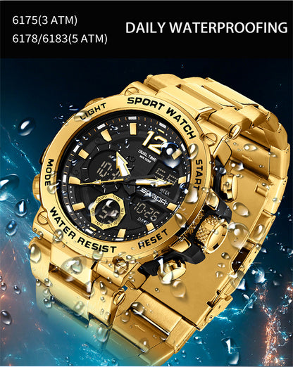 Sanda foreign trade best selling electronic watch fashion business steel band luminous wrist watch multi-functional dual display men's watch wholesale