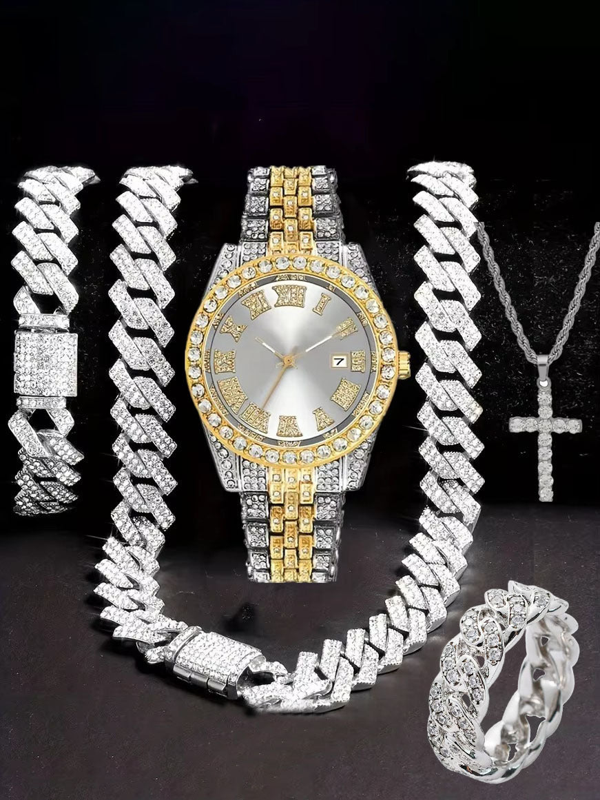 Hiphop Hip Hop Diamond Watch Five-Piece Diamond Cuban Chain Cross Necklace Cuban Ring Cross Border Wholesale
