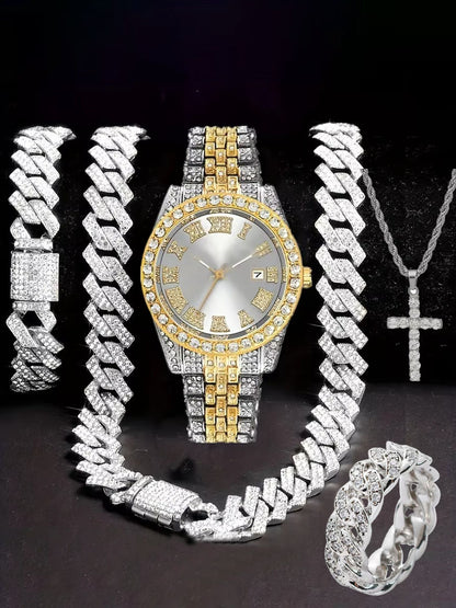 Hiphop Hip Hop Diamond Watch Five-Piece Diamond Cuban Chain Cross Necklace Cuban Ring Cross Border Wholesale