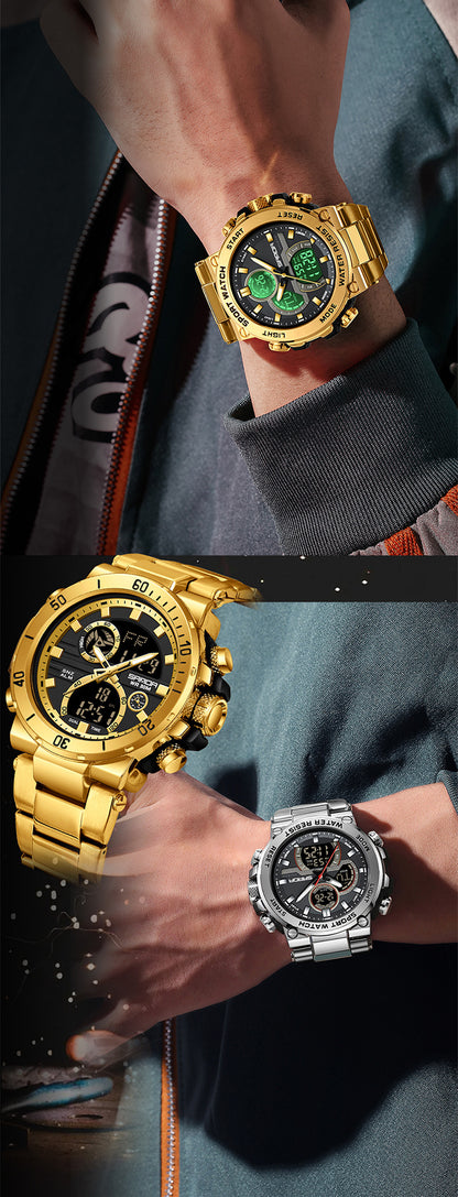 Sanda foreign trade best selling electronic watch fashion business steel band luminous wrist watch multi-functional dual display men's watch wholesale