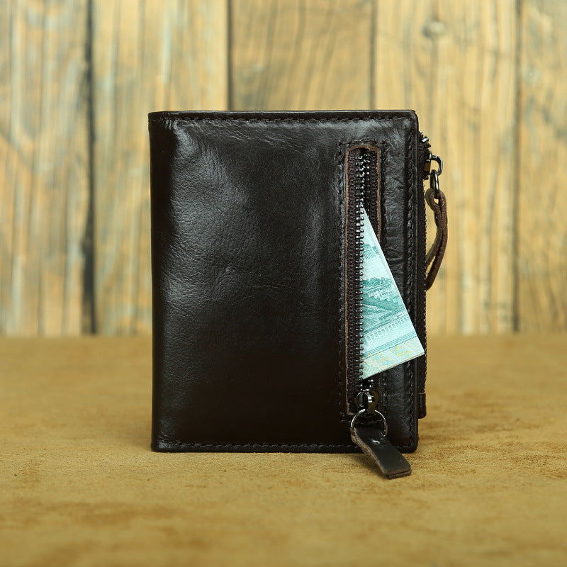 Shikangxin Vintage Genuine Leather Wallet Men's Short Wallet Multifunctional Zipper Bag Casual Oil Wax Cowhide Wallet