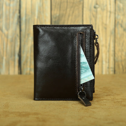 Shikangxin Vintage Genuine Leather Wallet Men's Short Wallet Multifunctional Zipper Bag Casual Oil Wax Cowhide Wallet