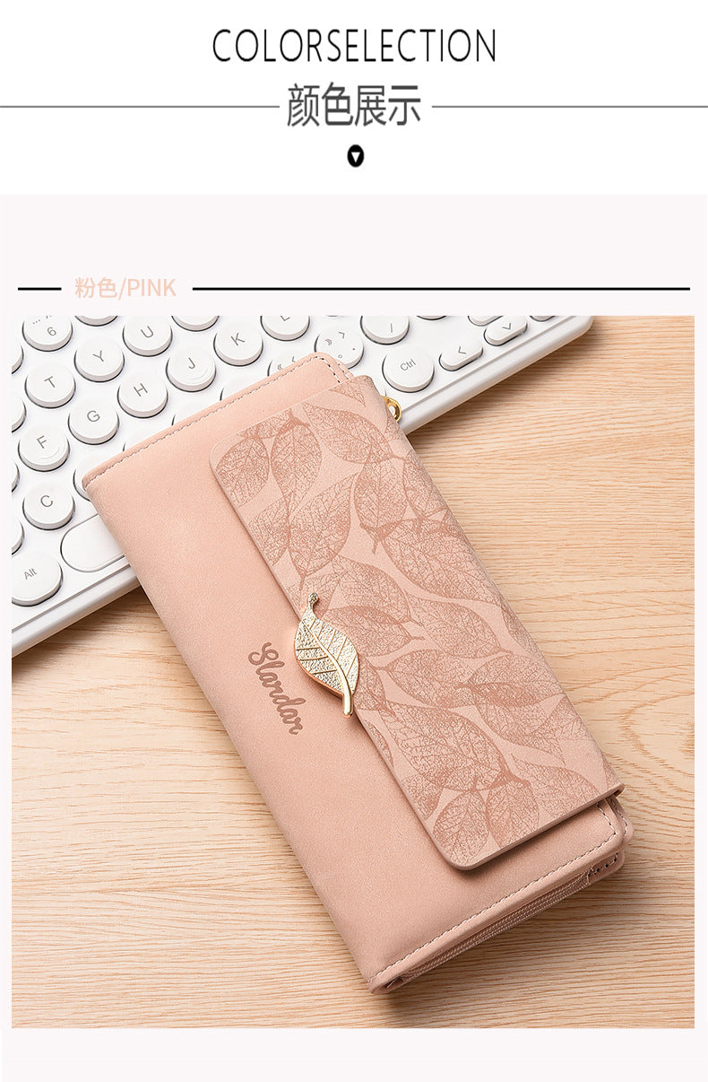 Amazon Cross-border Wallet Wholesale European and American Retro Frosted Leaf Buckle Long Clutch Large Capacity