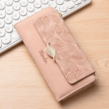 Amazon Cross-border Wallet Wholesale European and American Retro Frosted Leaf Buckle Long Clutch Large Capacity