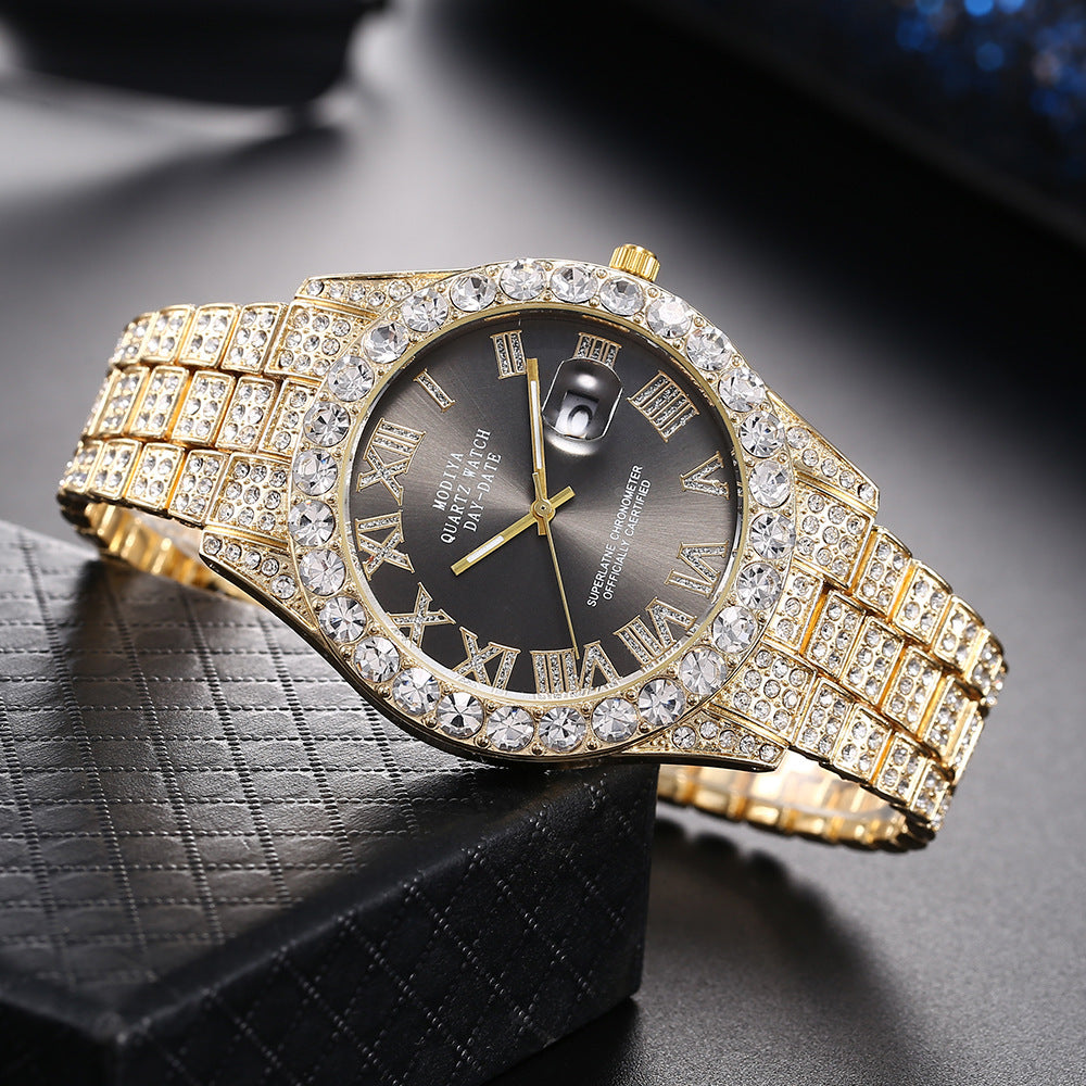 [Bross-Border Hot Item] 16-Piece Set of Various Diamond-Encrusted Watches, Diamond-Shaped Cuban Bracelets and Necklaces, Three-Piece Set