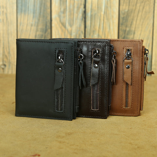 Shikangxin Vintage Genuine Leather Wallet Men's Short Wallet Multifunctional Zipper Bag Casual Oil Wax Cowhide Wallet