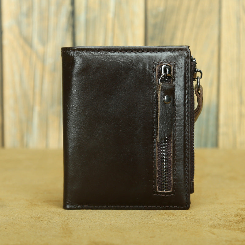 Shikangxin Vintage Genuine Leather Wallet Men's Short Wallet Multifunctional Zipper Bag Casual Oil Wax Cowhide Wallet