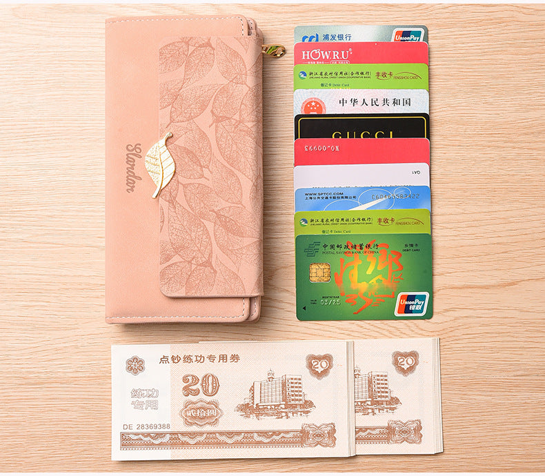 Amazon Cross-border Wallet Wholesale European and American Retro Frosted Leaf Buckle Long Clutch Large Capacity