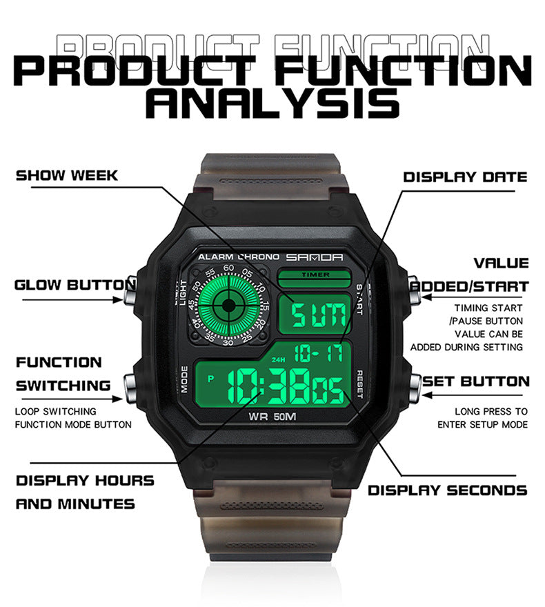Sanda Hot-selling Square Watch Luminous Waterproof Alarm Student Watch Simple Korean Transparent Sports Electronic Watch