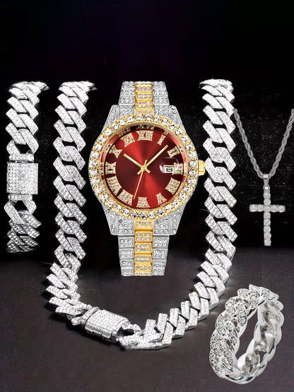 Hiphop Hip Hop Diamond Watch Five-Piece Diamond Cuban Chain Cross Necklace Cuban Ring Cross Border Wholesale