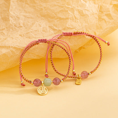 Original Design Strawberry Crystal Transfer Beads Niche Bracelet Chinese Style Adjustable Woven Hand Rope Fu Brand Hand Woven Rope