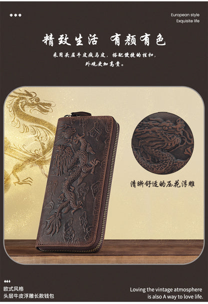 Crazy Horse Leather National Trend Long Wallet Men's Large Capacity Zipper Clutch Genuine Leather Retro Style Men's Wallet Card Holder