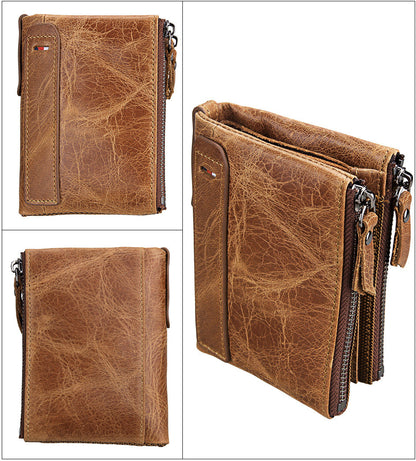 Crazy Horse Cowhide Men's Wallet RFID Anti-theft Brush Cowhide Short Men's Ticket Clip Wallet Double Zipper Coin Purse