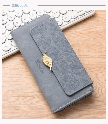 Amazon Cross-border Wallet Wholesale European and American Retro Frosted Leaf Buckle Long Clutch Large Capacity
