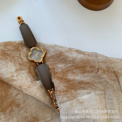 IEKE Fashion Light Luxury Four-leaf Clover Small Chanel Style Leather Bracelet Watch Women's Wristwatch High-end Light Luxury Internet Celebrity Hair