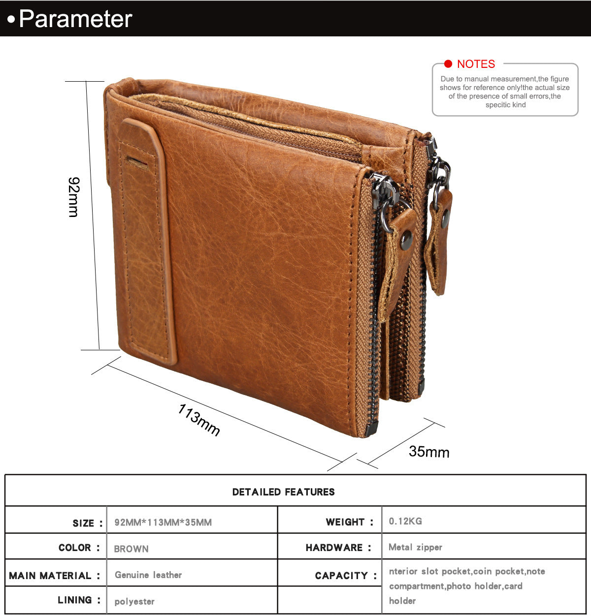 Crazy Horse Cowhide Men's Wallet RFID Anti-theft Brush Cowhide Short Men's Ticket Clip Wallet Double Zipper Coin Purse