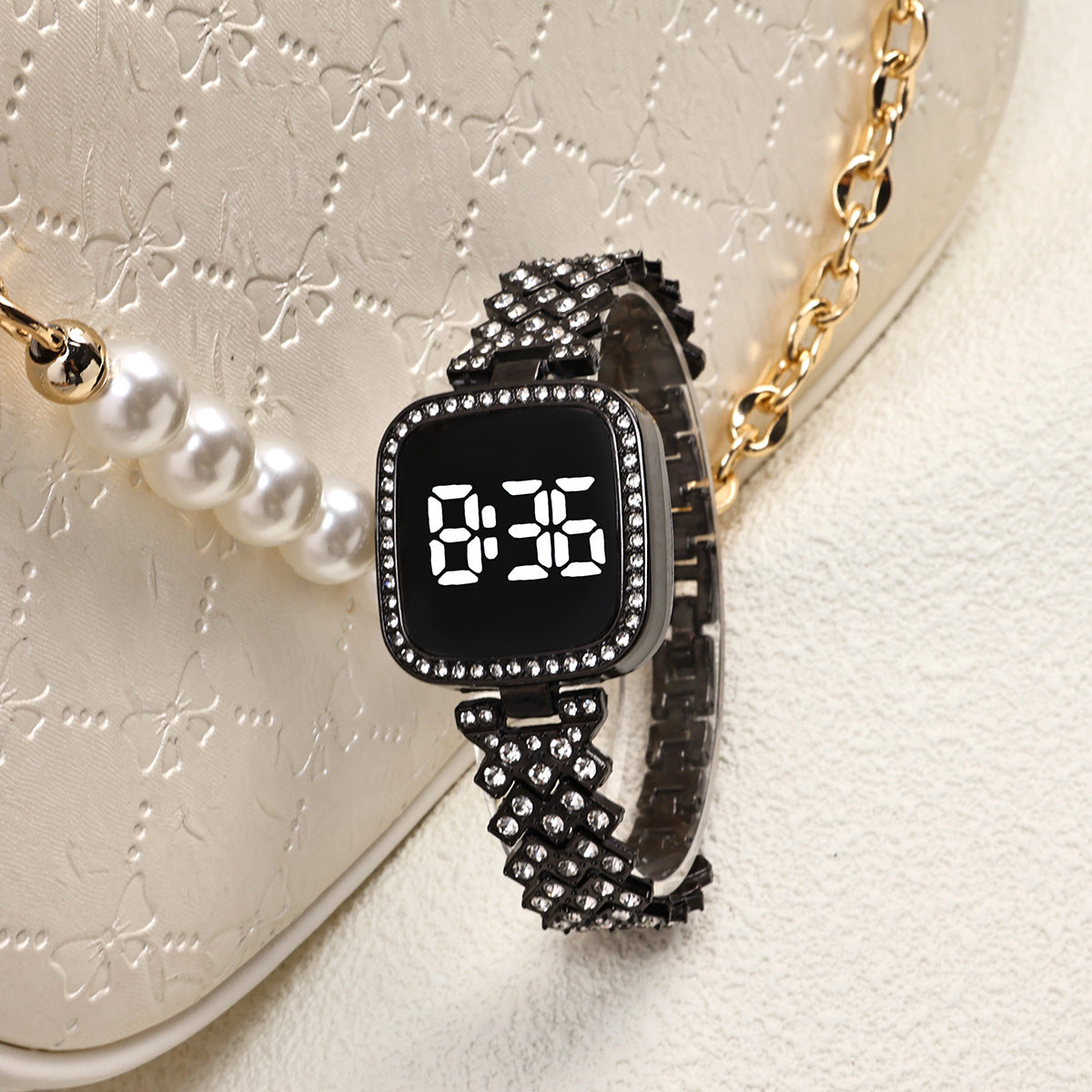 Cross-border Foreign Trade Diamond-encrusted Women's Small Fragrant Style Metal Steel Band LED Watch Fashion Touch Casual Electronic Watch