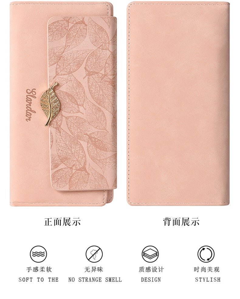 Amazon Cross-border Wallet Wholesale European and American Retro Frosted Leaf Buckle Long Clutch Large Capacity