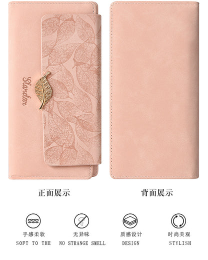 Amazon Cross-border Wallet Wholesale European and American Retro Frosted Leaf Buckle Long Clutch Large Capacity