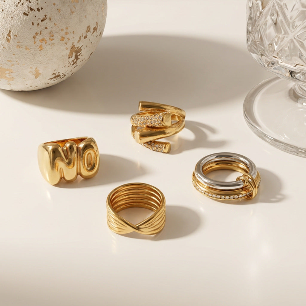 Minimalist Style No Letter Titanium Steel Ring, Multi-Layer Twisted Geometric Interwoven Diamond-Encrusted Ring Jewelry