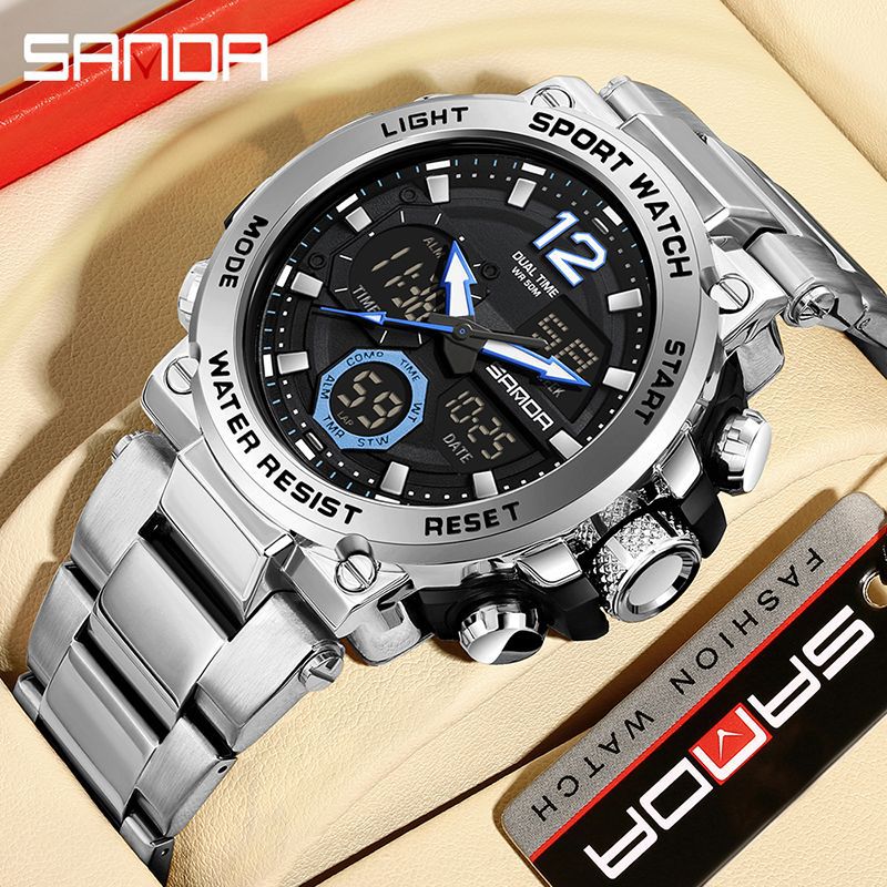 Sanda foreign trade best selling electronic watch fashion business steel band luminous wrist watch multi-functional dual display men's watch wholesale