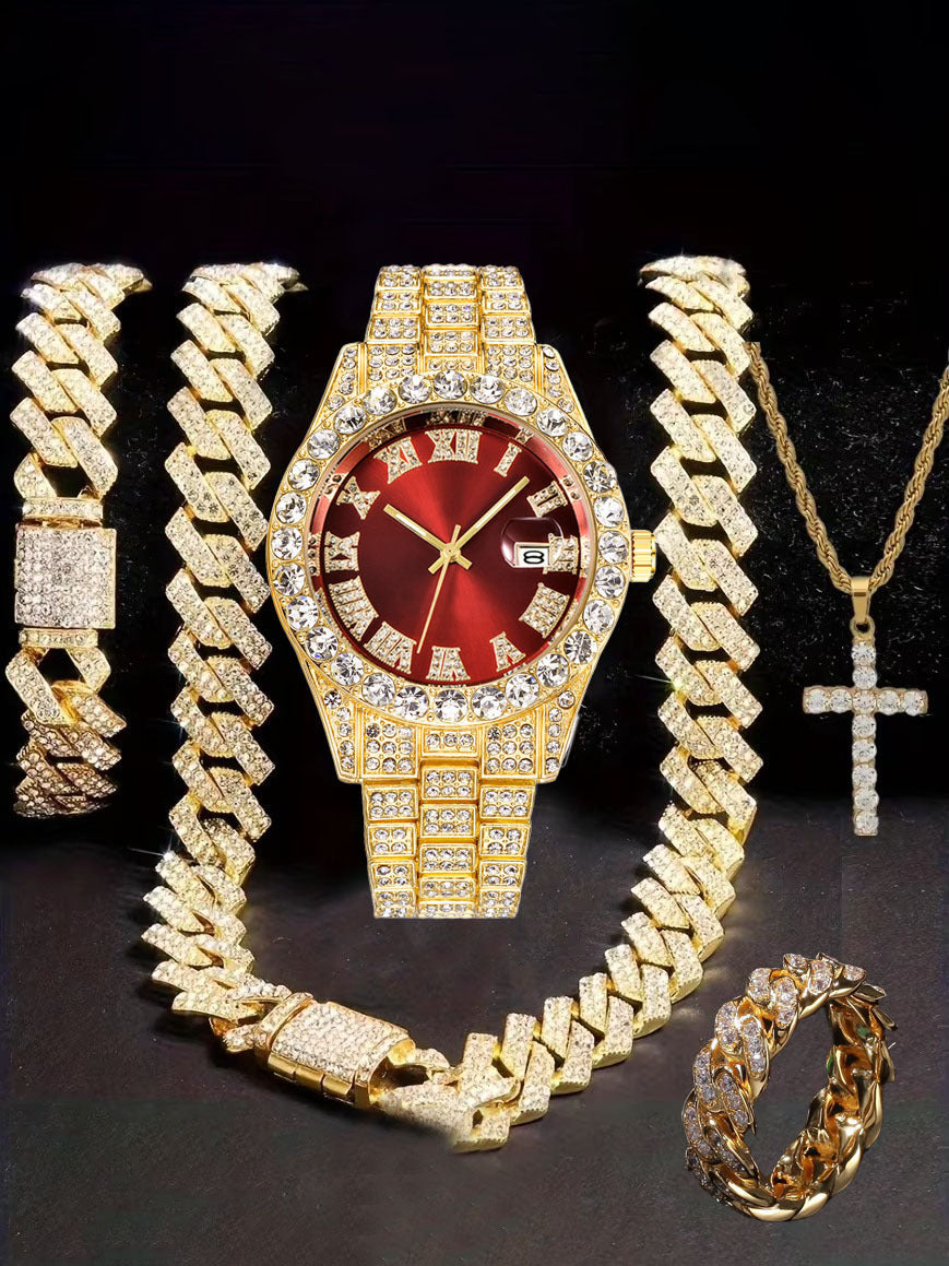 Hiphop Hip Hop Diamond Watch Five-Piece Diamond Cuban Chain Cross Necklace Cuban Ring Cross Border Wholesale