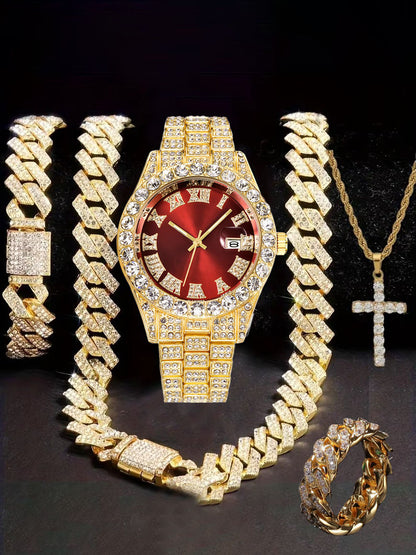 Hiphop Hip Hop Diamond Watch Five-Piece Diamond Cuban Chain Cross Necklace Cuban Ring Cross Border Wholesale