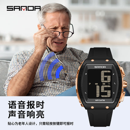 Sanda Elderly Voice Time Watch Large Digital Screen Luminous Multi-Function Watch Waterproof Calendar Digital Watch