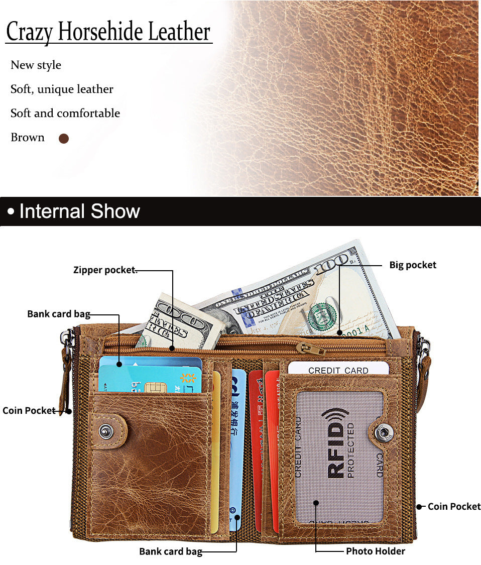 Crazy Horse Cowhide Men's Wallet RFID Anti-theft Brush Cowhide Short Men's Ticket Clip Wallet Double Zipper Coin Purse