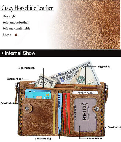 Crazy Horse Cowhide Men's Wallet RFID Anti-theft Brush Cowhide Short Men's Ticket Clip Wallet Double Zipper Coin Purse