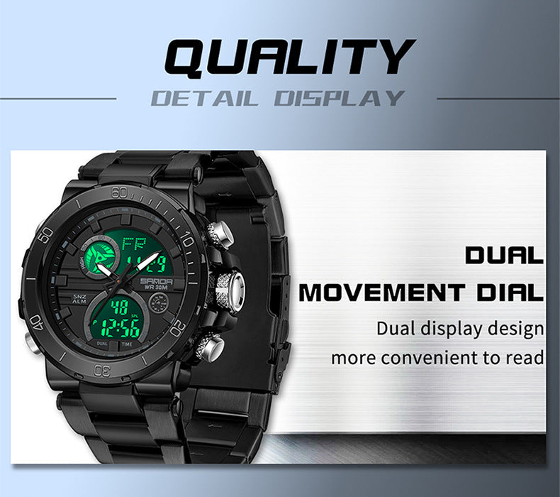 Sanda foreign trade best selling electronic watch fashion business steel band luminous wrist watch multi-functional dual display men's watch wholesale