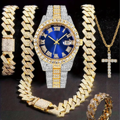 Hiphop Hip Hop Diamond Watch Five-Piece Diamond Cuban Chain Cross Necklace Cuban Ring Cross Border Wholesale