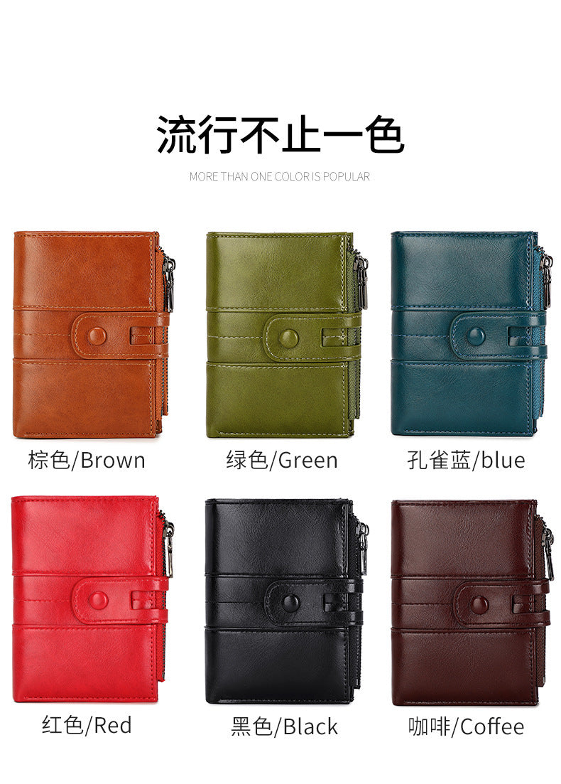 Cross-Border 2025Rfid Anti-Theft Wallet Retro Oil Wax Leather Double Zipper Coin Purse European and American Fashion Short Wallet