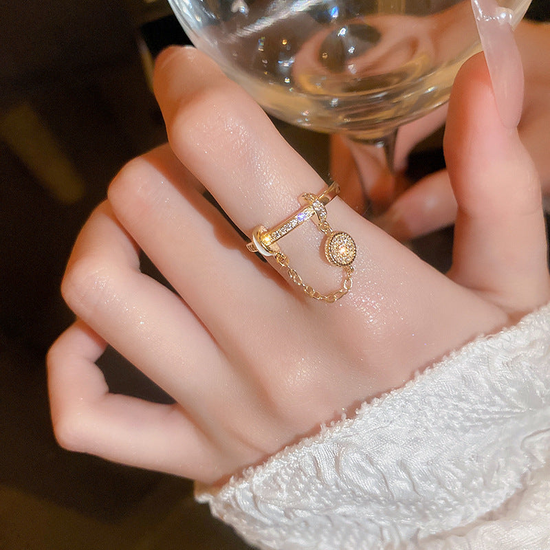 Zircon Diamond Round Chain Tassel Real Gold-plated Ring Niche Light Luxury High-end All-match Open Finger Ring