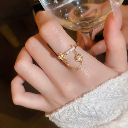 Zircon Diamond Round Chain Tassel Real Gold-plated Ring Niche Light Luxury High-end All-match Open Finger Ring