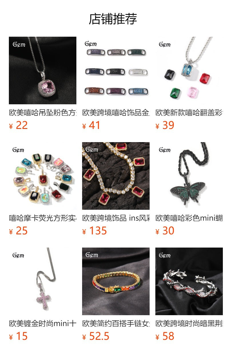 Hip-hop mini diamond-encrusted gem pendant trendy brand necklace men's handsome Joker alloy necklace cross-border jewelry wholesale