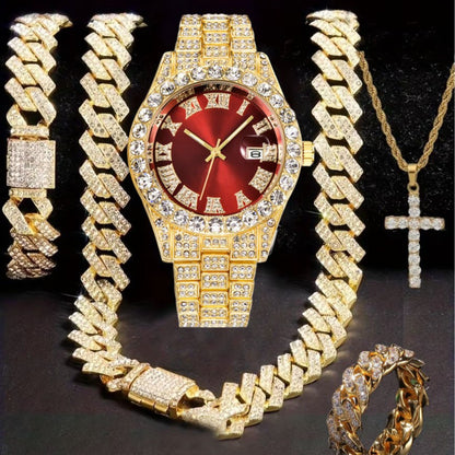 Hiphop Hip Hop Diamond Watch Five-Piece Diamond Cuban Chain Cross Necklace Cuban Ring Cross Border Wholesale