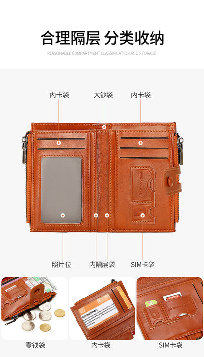 Cross-Border 2025Rfid Anti-Theft Wallet Retro Oil Wax Leather Double Zipper Coin Purse European and American Fashion Short Wallet