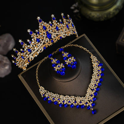 European and American Bride Jewelry Three-piece Suit High-class Dance Wedding Jewelry Alloy Diamond Crown Necklace Earrings suit
