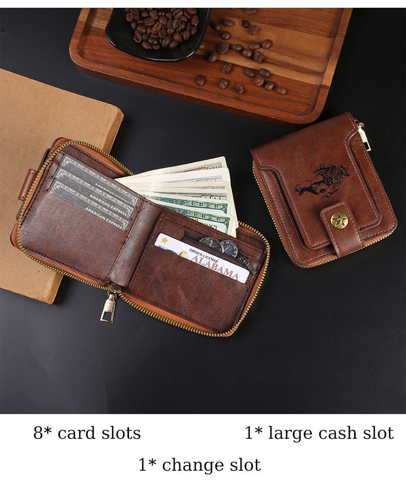 Cross-border Men's Wallet Short Vintage Fashion Zipper Bag Multi-card Wallet Large Capacity Business Card Bag Carry-on